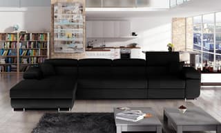 Orrino Long Corner Sofa Bed with Storage Black – storage lid lifted