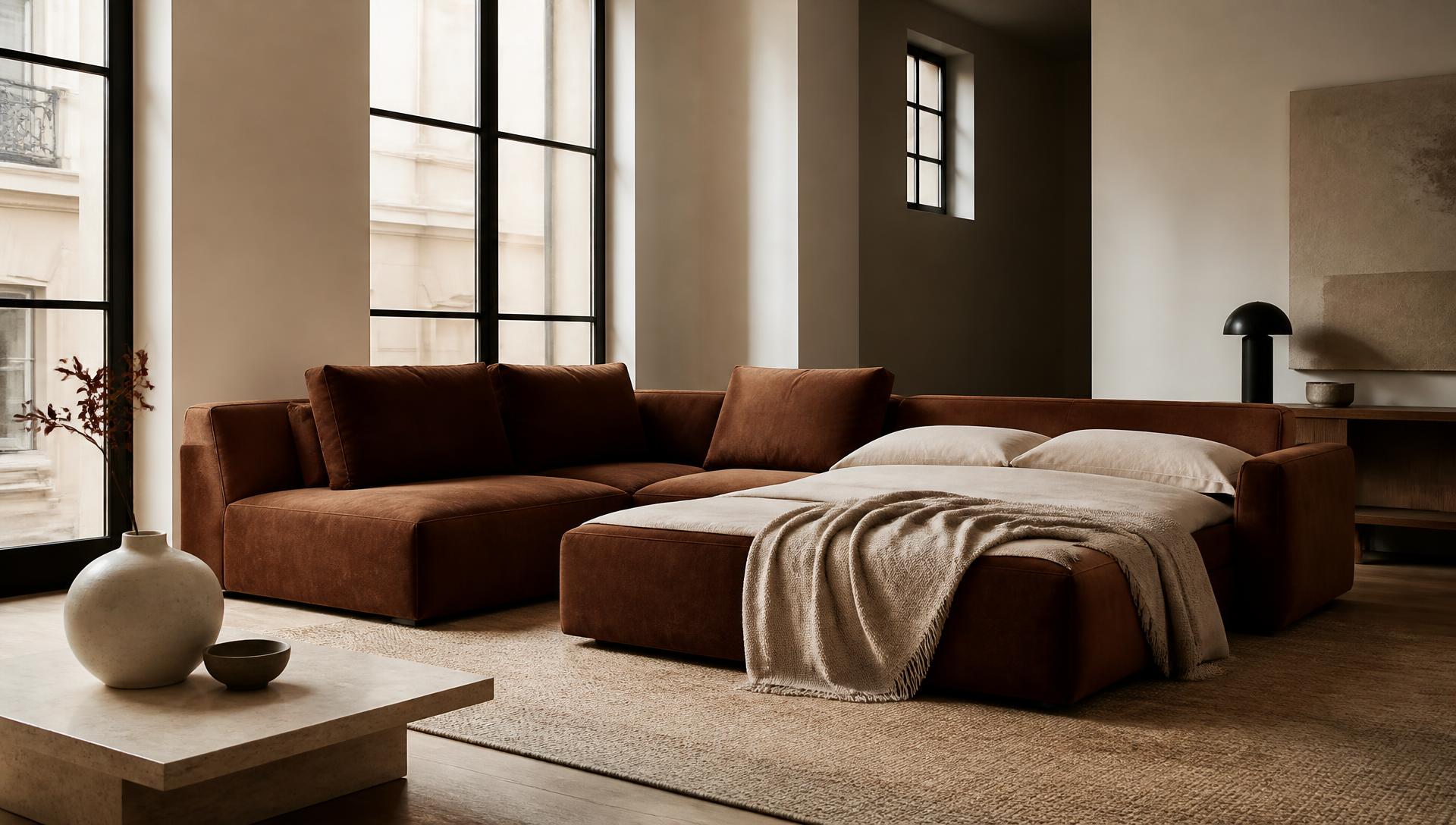 Cognac corner sofa bed opened out in a bright ivory living room