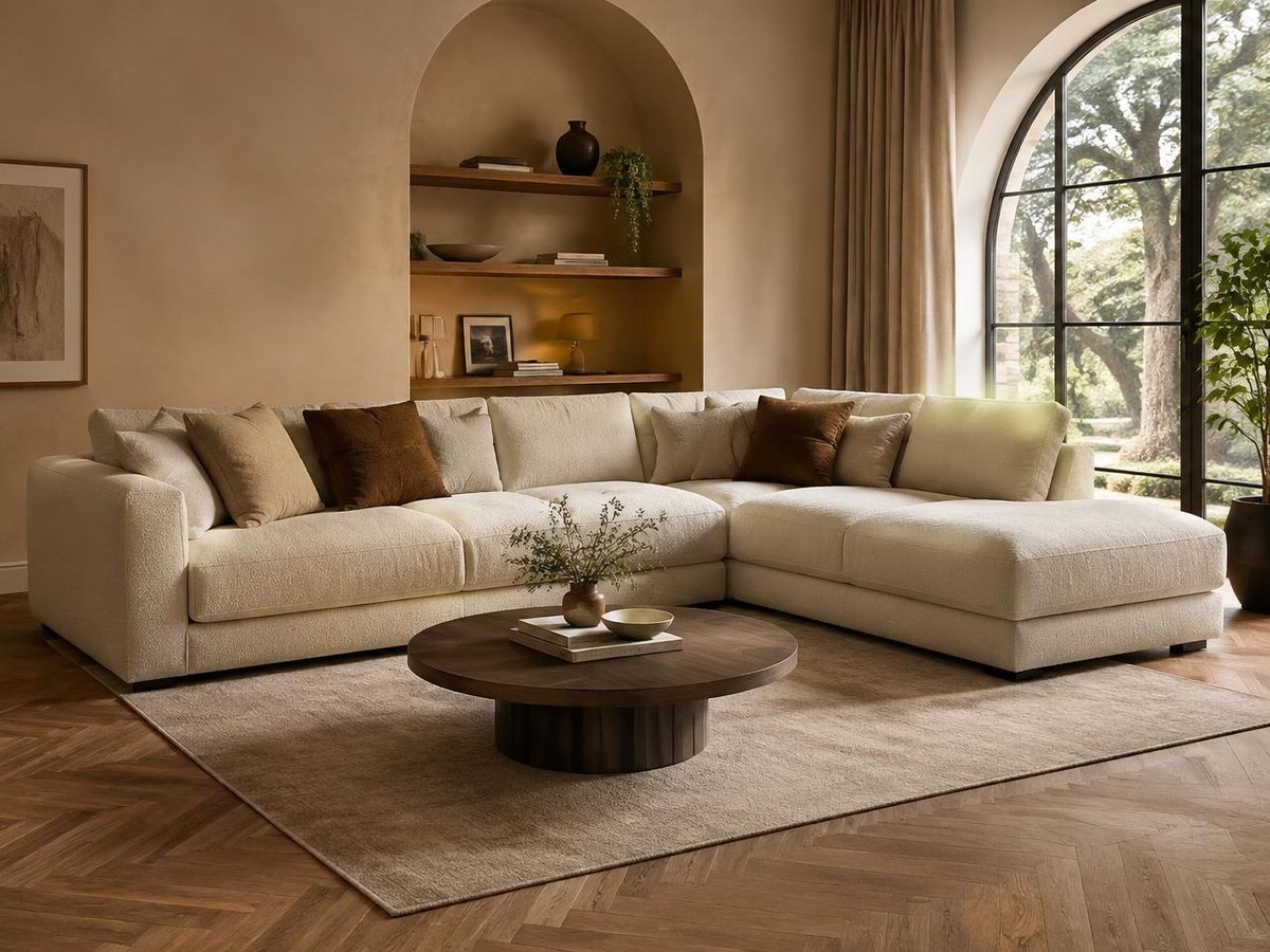Cream Stanmore chaise corner sofa from the Exclusive Designer Collection beside an arched window and herringbone floor