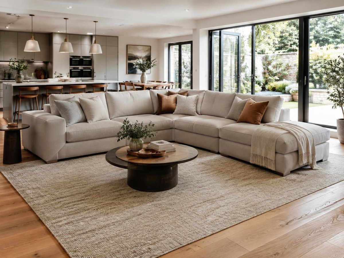 Cream Lathwell corner lounge sofa from the Exclusive Designer Collection in an open-plan room with garden doors