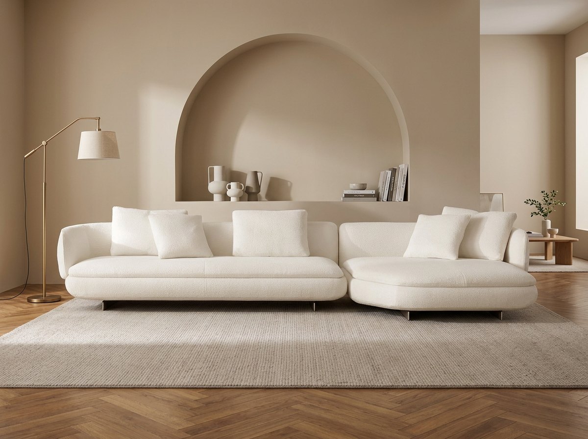 Cream Bayfield chaise corner sofa from the Exclusive Designer Collection in a living room with an arched wall niche