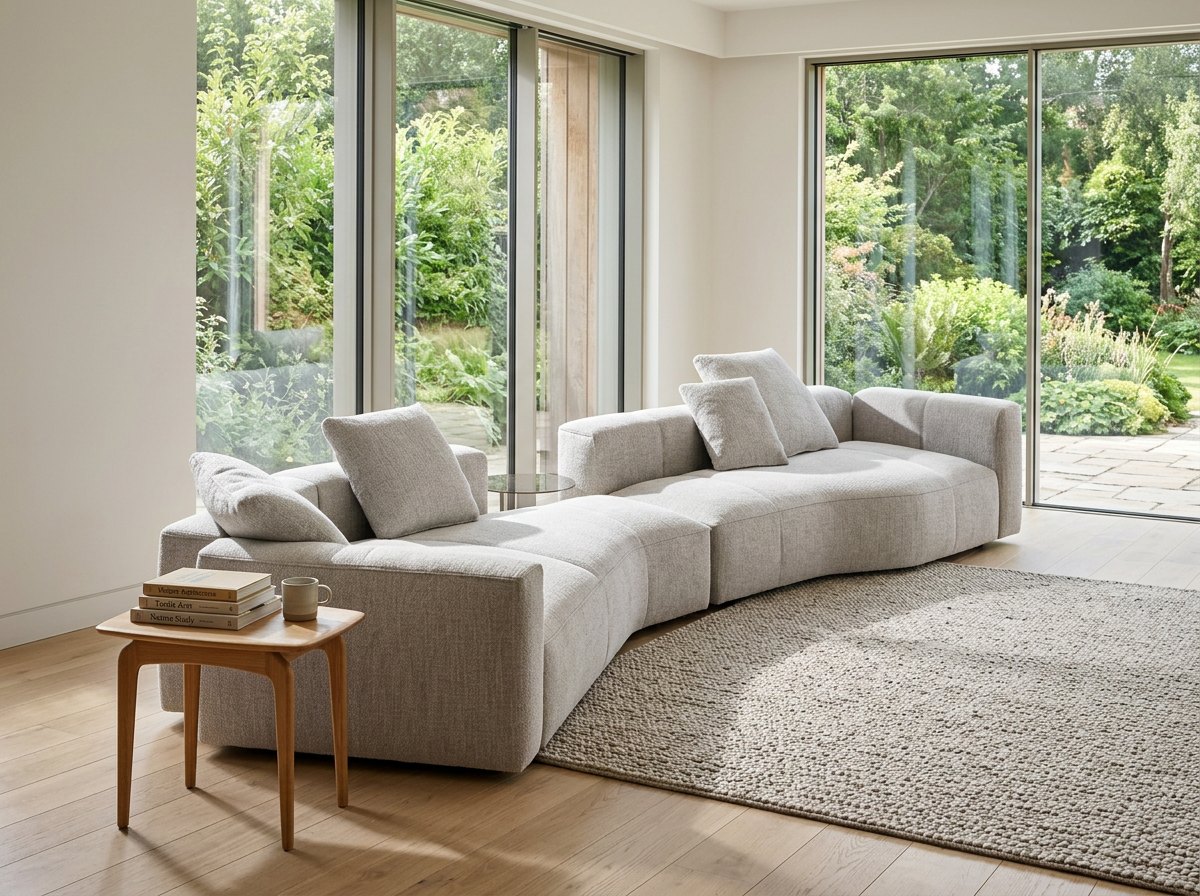 Pale grey Cardean chaise corner sofa from the Exclusive Designer Collection in a bright living room with a garden view