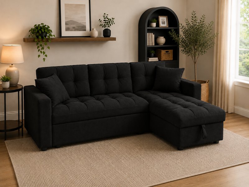 Black Linden Bay compact corner sofa bed with tufted seats in a small spare room with a jute rug