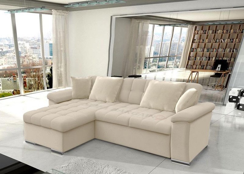 Cream Goldcrest Mini corner sofa bed with storage and a quilted chaise in a bright room