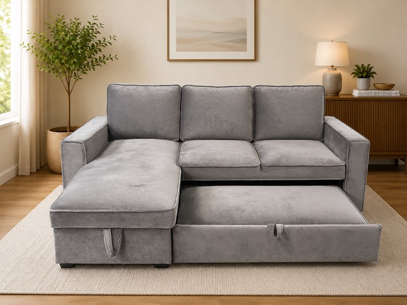 Grey Verity corner sofa bed with the pull-out section extended into a bed in a calm, neutral guest room