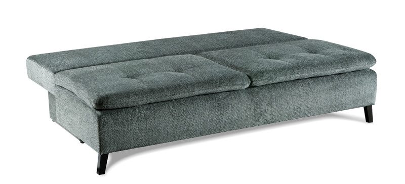 Grey-green Nessvale sofa bed folded flat into bed position on dark wooden legs, shown on a white background