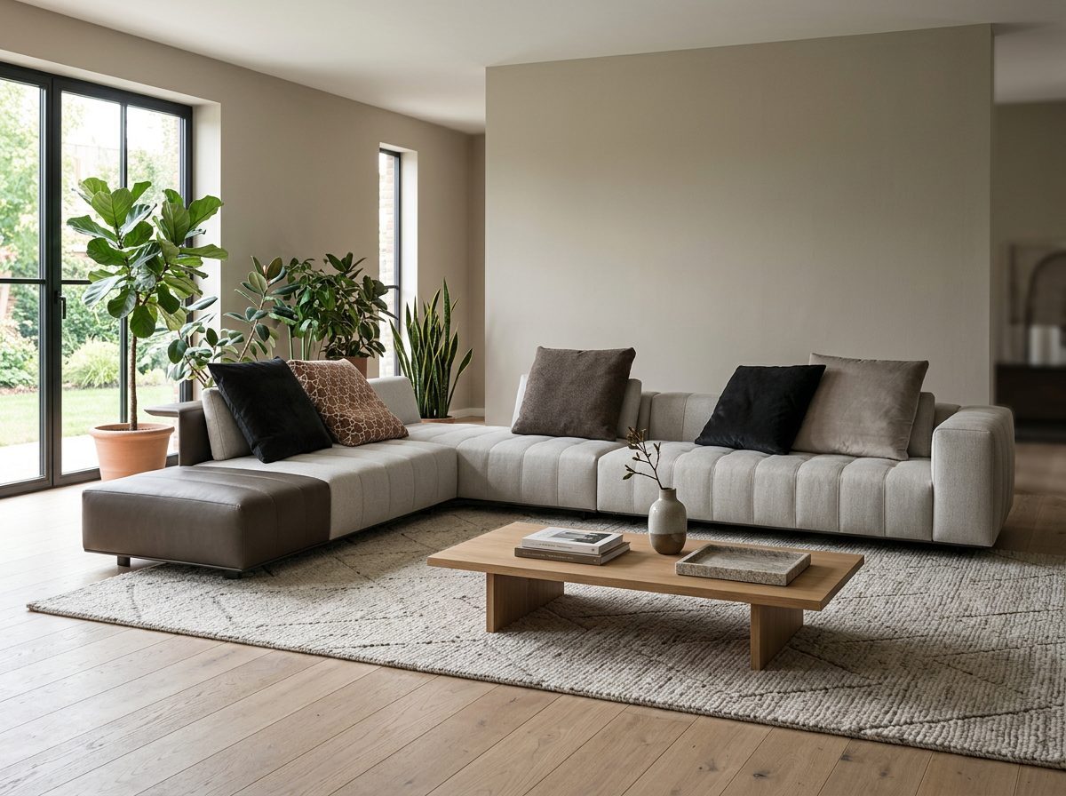 Light grey channel-stitched Everdon lounge corner sofa with a taupe end section in an open-plan living room with a low oak coffee table