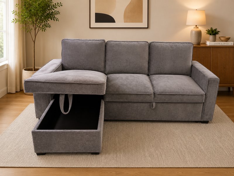 Grey Verity corner sofa bed with the storage chaise lid lifted to show the storage box underneath