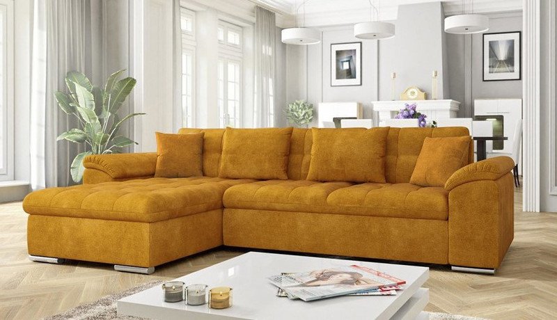 Ochre Goldcrest K42 corner sofa bed with storage in a bright family living room