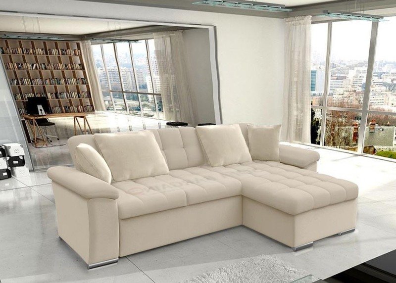 Cream Goldcrest Mini corner sofa bed built as a right hand corner, with a quilted chaise