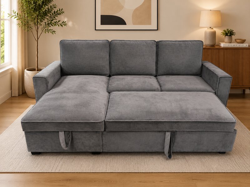 Grey Verity compact corner sofa bed with the pull-out section extended