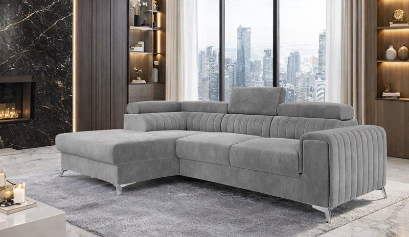 Grey Fairhaven Mini corner sofa bed with channel-stitched arms and adjustable headrests