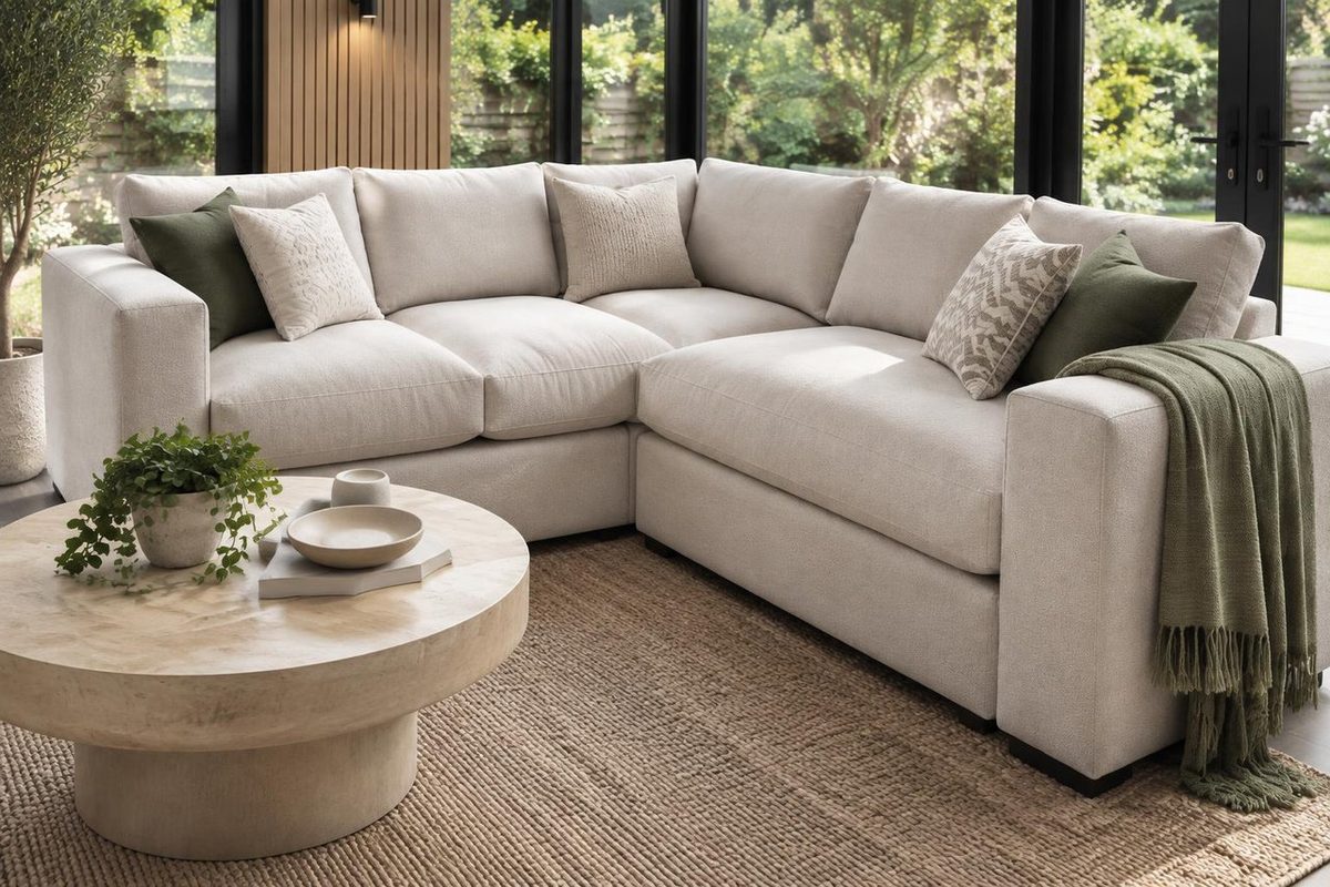 Cream Walbrook corner lounge sofa seen from the side, with olive and patterned cushions, an olive throw over the arm and a round pale wood coffee table on a jute rug in a garden room