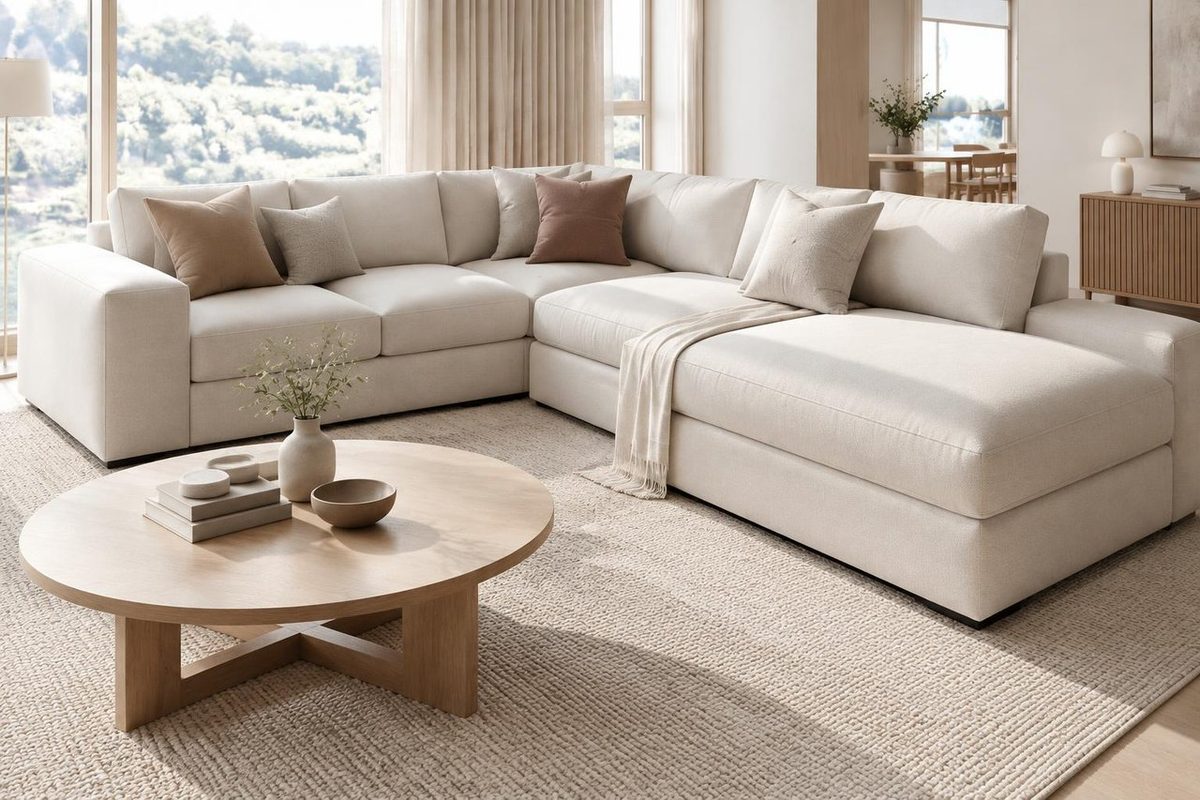 Cream Pennhurst corner sofa with a long chaise end on the right, blush and cream cushions and a cream throw, with a round oak coffee table in a bright living room