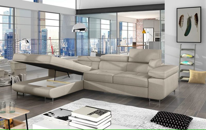 Light cream Hollingwood Mini corner sofa bed with the left-hand chaise seat raised to reveal an empty storage compartment