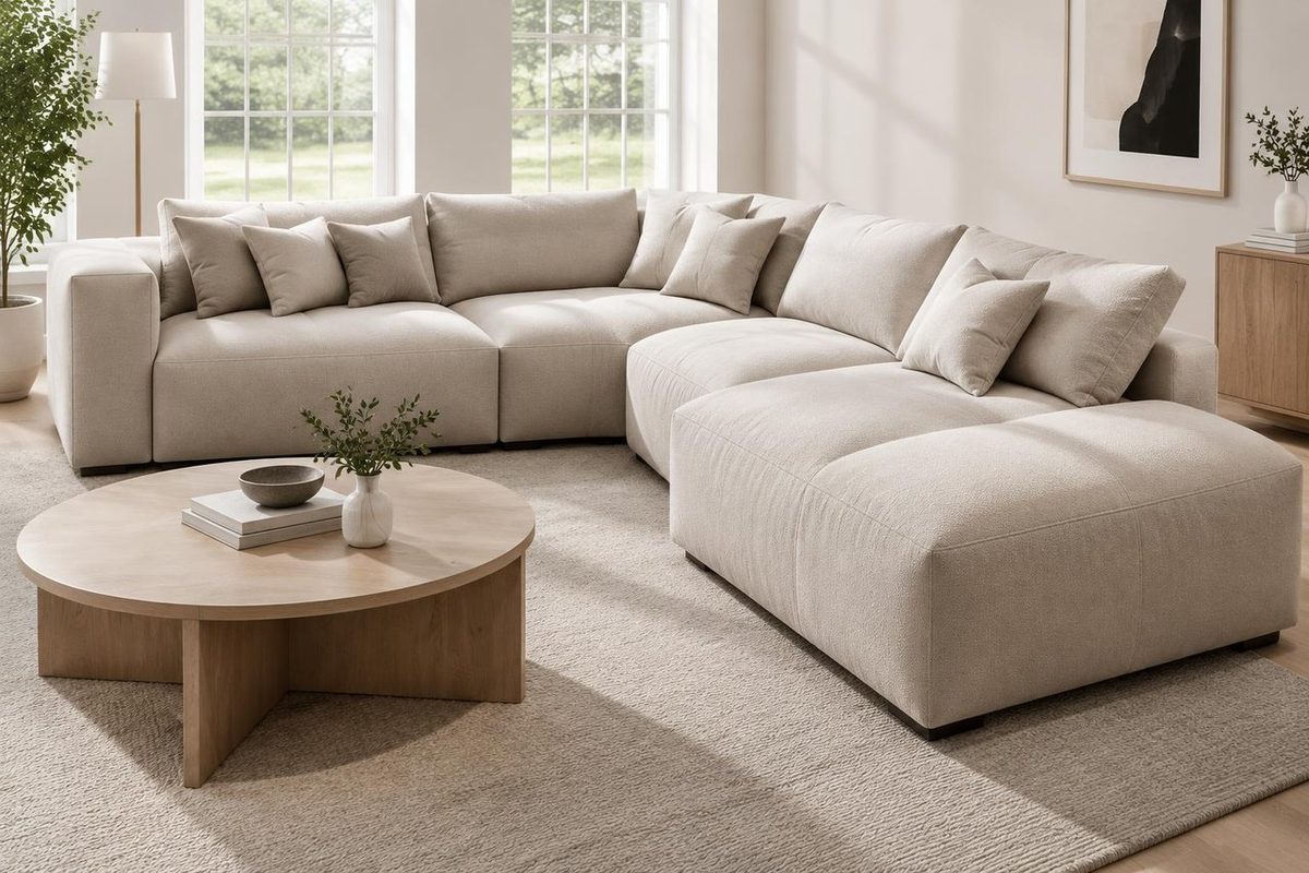 Pale oatmeal Merevale modular corner sofa with a deep chaise end on the right and matching cushions, set on a rug with a round oak coffee table in a bright living room