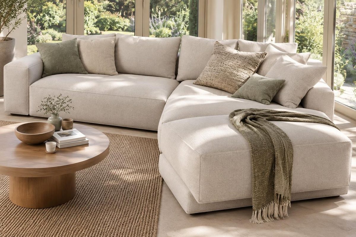 Pale oatmeal Wyndham modular corner sofa with a chaise end on the right, sage and textured cushions and a fringed olive throw, beside a round wooden coffee table in a garden room