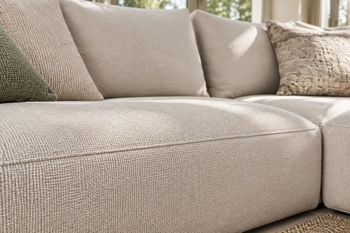 Close-up of the seat cushion, piped seam and back cushions of the pale oatmeal Wyndham modular corner sofa
