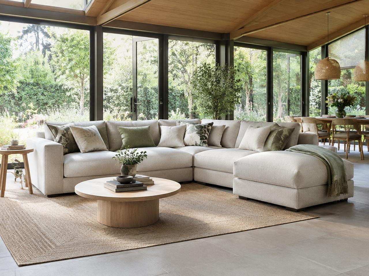 Cream Stanbury modular corner sofa from the Exclusive Designer Collection in a bright garden room with a round coffee table