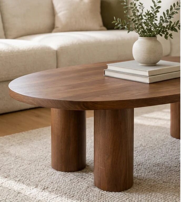 Walnut Bramley oval coffee table on thick column legs, with books and a small plant, and a cream sofa edge behind it